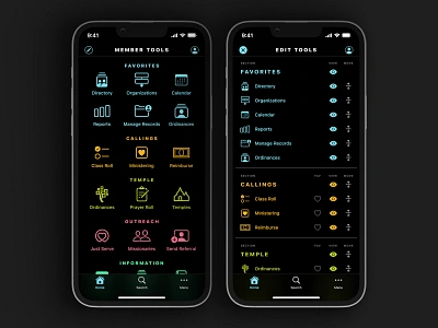 LDS Member Tools App • Home Tab app dark mode lds mobile redesign ux design