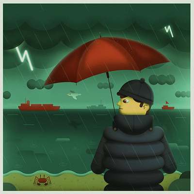 Rainy Day characterdesign clouds drigitalpainting graphic design green illustration illustrator nature ocean photoshop rainy ships umbrella vector