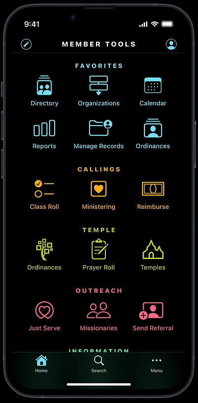 LDS Tools App - Home Tab - Reposition a Tools Category lds member tools app mobile app mobile app design product design