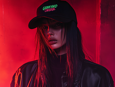 Dystopian Rock Band Baseball Cap baseball cap branding edgy graphic design grunge merch musician neon red and black rockband swag