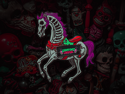 Dystopian Rock Band Skeleton Horse Pin badge branding carnival edgy enamel pin graphic design graveyard grunge horse merch neon rockband skeleton swag