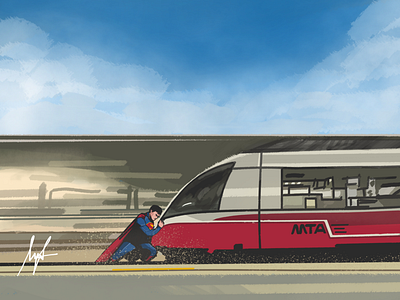 Superman stops MTA rail from running out the tracks dailyplanet dc dccomics dcu dcuniverse design illustration fanart graphic design illustration infinitestudio metropolis painter painting superman