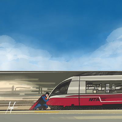 Superman stops MTA rail from running out the tracks dailyplanet dc dccomics dcu dcuniverse design illustration fanart graphic design illustration infinitestudio metropolis painter painting superman