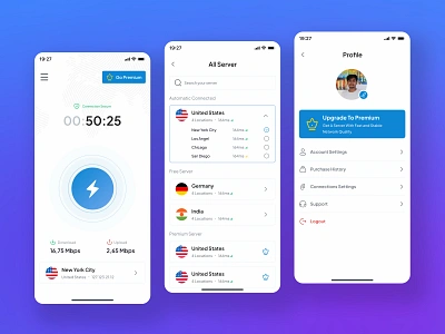 VPN iOS, Android Mobile App UI Design app ui best vpn ui design cybersecurity experience design futuristic internet connection ios app mobile app network security premium design secure vpn security system social security top vpn app uiux design user interface ux design vpn mobile apps