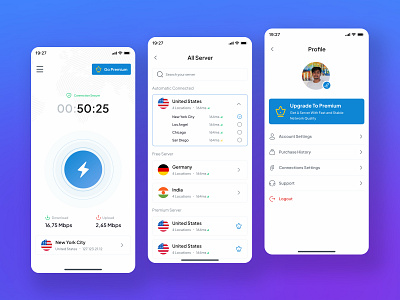 VPN iOS, Android Mobile App UI Design app ui best vpn ui design cybersecurity experience design futuristic internet connection ios app mobile app network security premium design secure vpn security system social security top vpn app uiux design user interface ux design vpn mobile apps