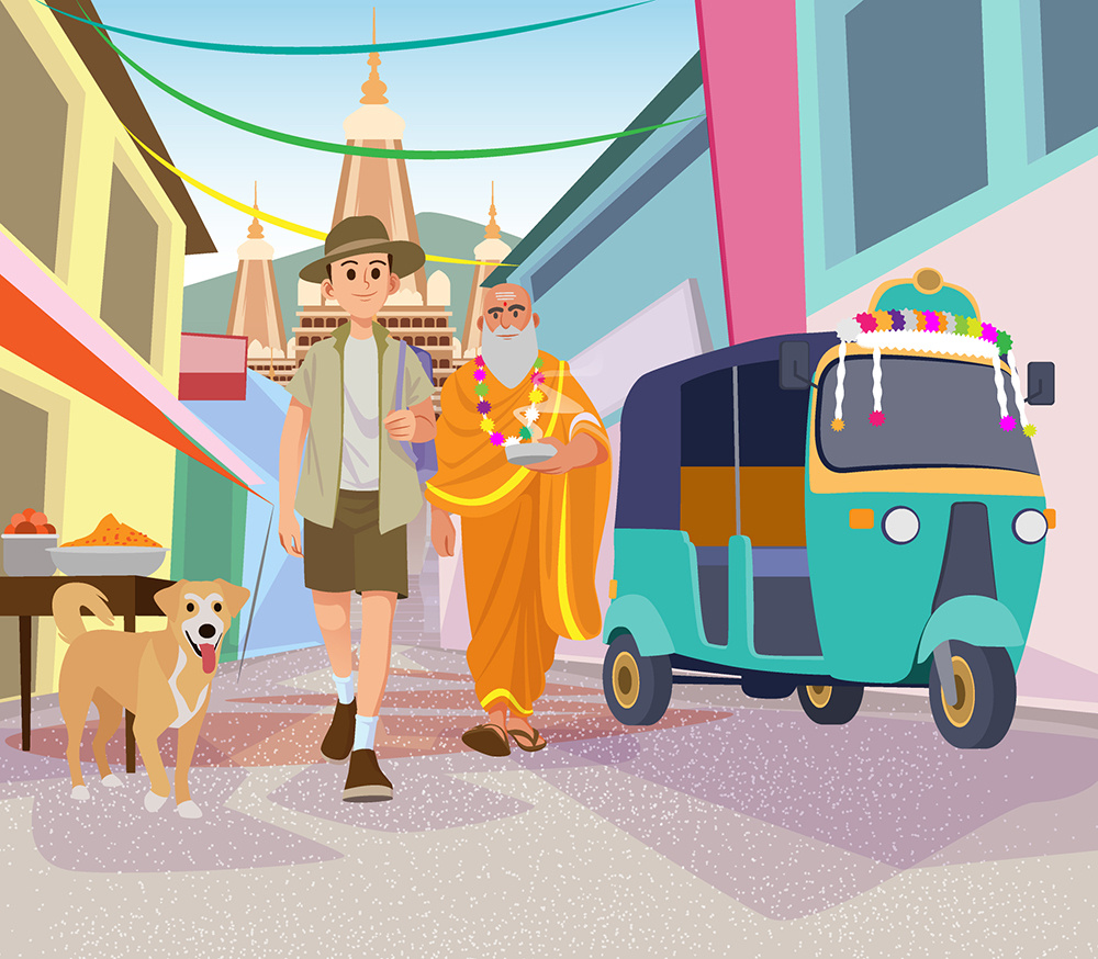 Journey to India cartoon character design children colorful illustration storybook vector