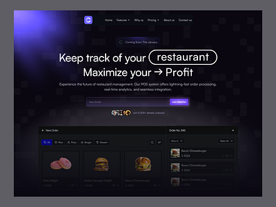 Dark Mode SAAS dark mode website dark purple design hero section layout design profit maximization restaurent pos saas website satoshi skeumorphic design ui design website design