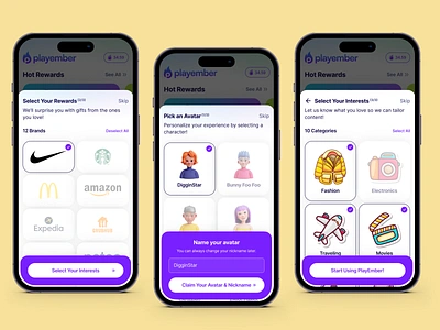 An onboarding flow with brand, avatar and category selections 3d avatar bottom sheet box brands button category character check flow grid icons illustration journey modal onboarding pick selection sticker user