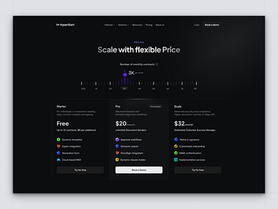 Hyperstart - Pricing dark ui darkmode design design system landing page marketing minimalism pricing pricing cards pricing page slider uiux web web design