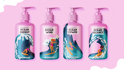 Shower gel packaging design branding character design illustrated packaging illustration ocean package packaging shampoo surf woman