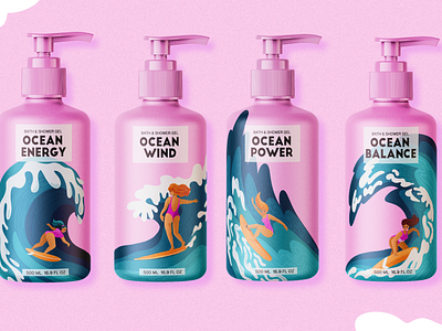 Shower gel packaging design branding character design illustrated packaging illustration ocean package packaging shampoo surf woman