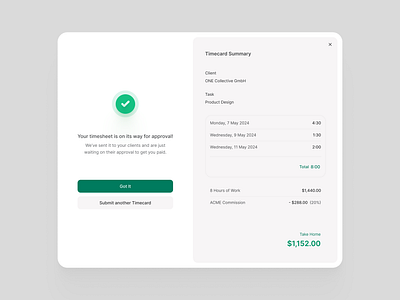 Submit Timecard app clean dashboard design modal popup success state summary table timecard ui user interface ux