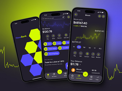 Crypto bank - Mobile app app blockchain cryptocurrency cryptodesign cryptotrading darkmode datavisualization financeapp fintech investment mobile moderndesign uiuxdesign userinterface