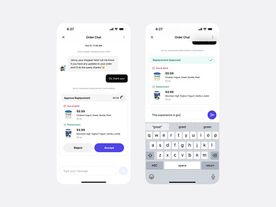 Grocery Replacements app design chat detail chat interface ecommerce design food app grocery mobile ui modern ui order tracking product design replacement shopper shopping app substitution