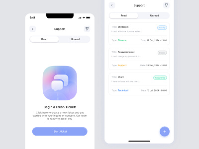 Support App app branding chat component design fab filter icon illustration message minimal support ticketing ui ux web