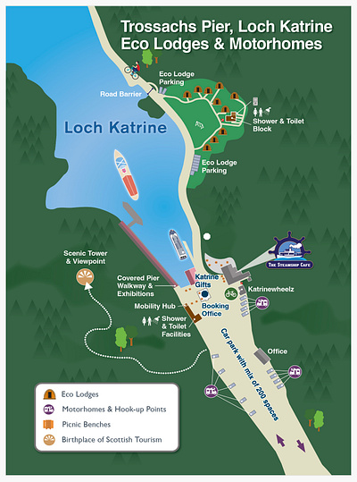 Map showing the lodges at Trossachs Pier ecocamp g3creative lochkatrine lochkatrinemap motorhomes trossachspier