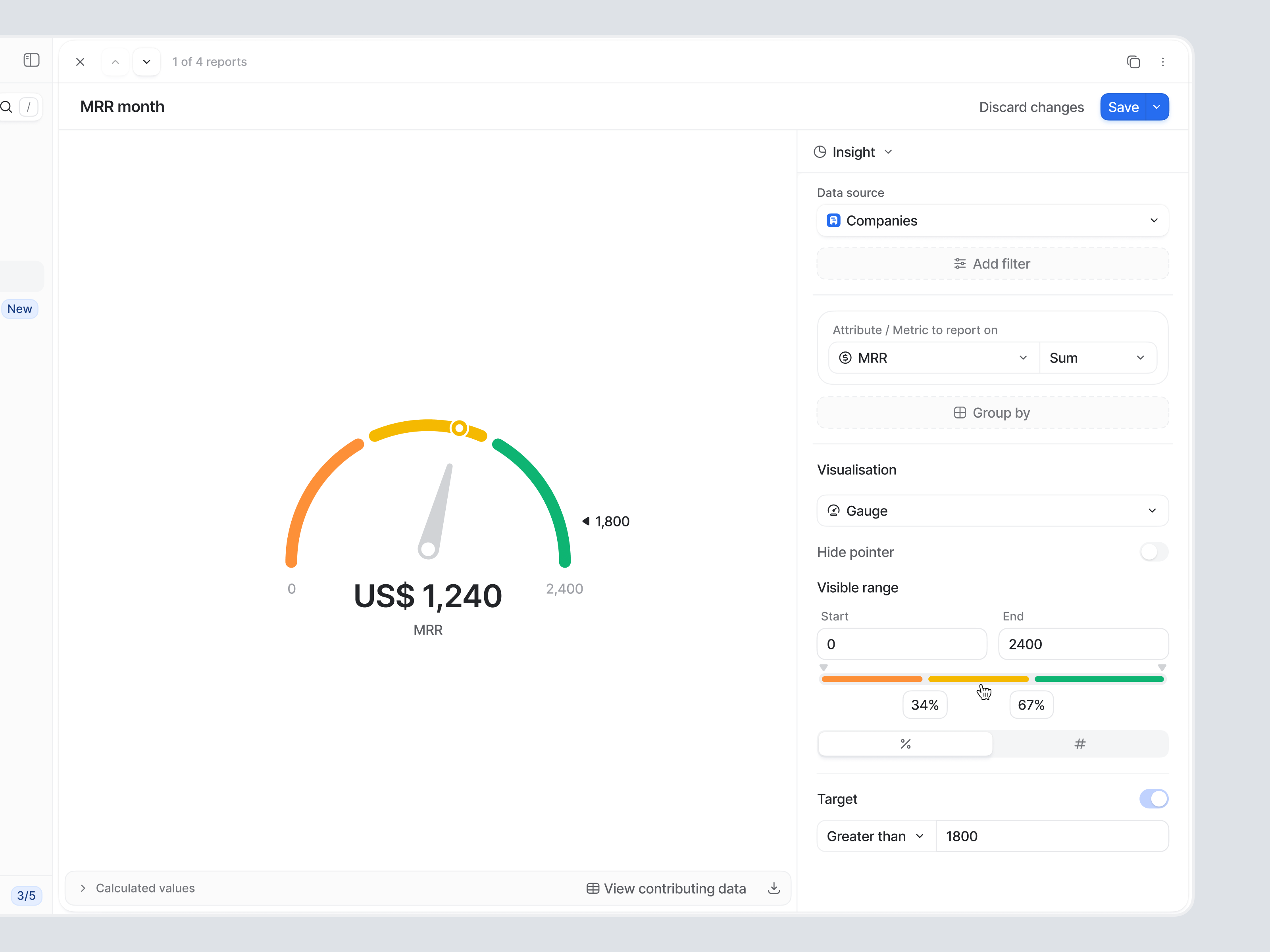 Attio – Reporting Gauge visualization Exploration attio cards clean crm dark dashboard gauge graphs information design light reporting reports speedometer visualisation