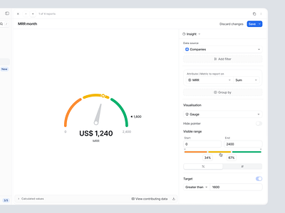 Attio – Reporting Gauge visualization Exploration attio cards clean crm dark dashboard gauge graphs information design light reporting reports speedometer visualisation