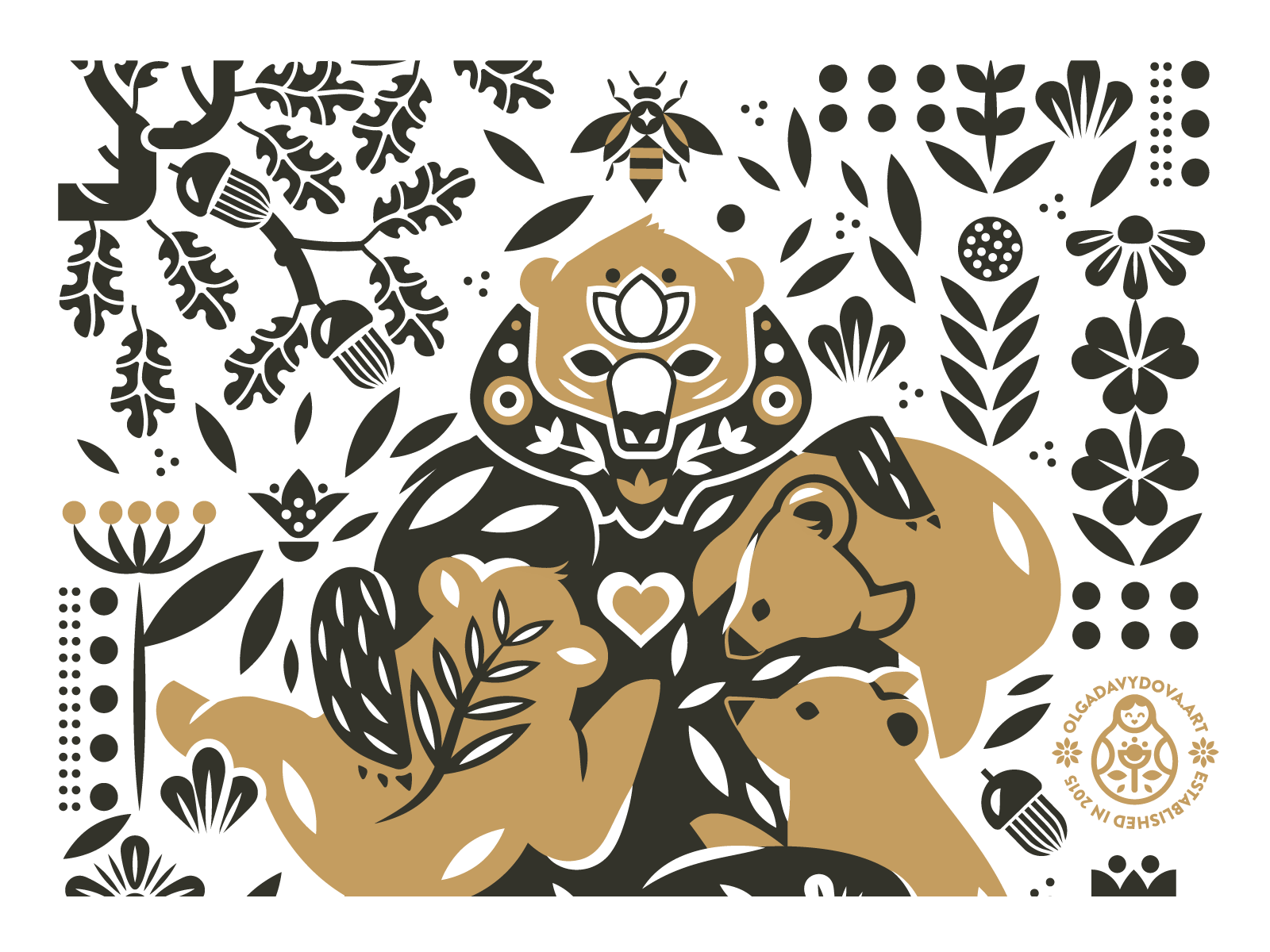 Mama Bear Illustration acorn animal bear black gold graphic design illustration licensing logo monochrome nature oak poster print vector