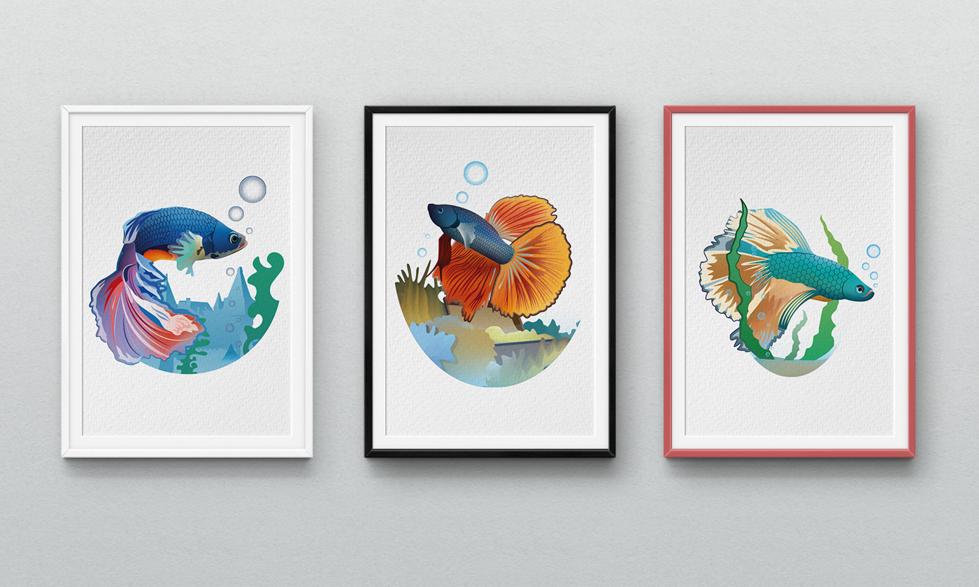 Betta fish blue, green, orange vector illustration 2d art aquarium fishes betta fish green betta fish orange decorative graphic design t shirt vector illustration