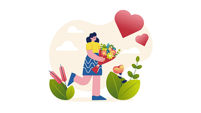 Girl With Flowers 2D Animation 2d animation bouquet flat floral illustration flowers gift girl girl with flowers happy girl hearts illustration love motion nature present romance romantic spring woman