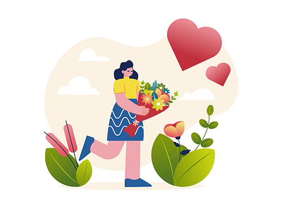 Girl With Flowers 2D Animation 2d animation bouquet flat floral illustration flowers gift girl girl with flowers happy girl hearts illustration love motion nature present romance romantic spring woman