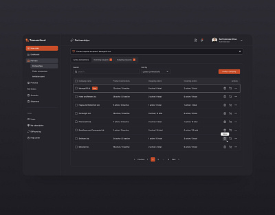 Transacthost - Business Management Application app design application branding business business management dark grey dark theme design figma minimal orange product design ui ux