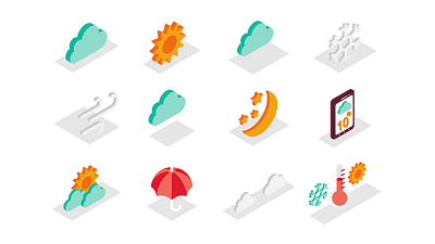 Weather Isometric 2D Icons Animation 2d animation cloud forecast icons illustration isometric moon motion rain rainbow snow snowflake stars sun thermometer thunder umbrella weather wind