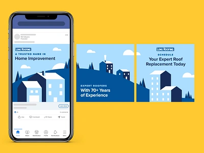 Long Roofing Organic Social Illustration Concept 3d branding building carousel design garage graphic design hills home home improvement house illustration layout paid media roofing sky trees