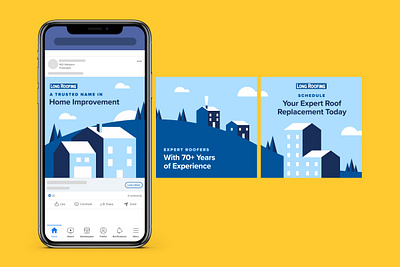 Long Roofing Organic Social Illustration Concept 3d branding building carousel design garage graphic design hills home home improvement house illustration layout paid media roofing sky trees