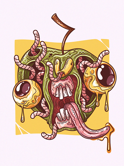 CRAPPLE apple cartoon character creature creepy design food fruit grim horror illustration lineart monster rotten scary vector worms