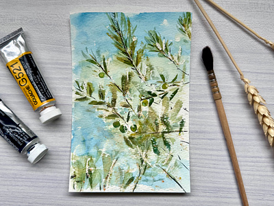 Olivier - Olive Tree 🫒 - L'alphabet de mon jardin 2024 appreciation art beauty contemplation delicate garden golden gouache gratitude art green illustration leaf leaves natasha gonzalez nature olive tree olivier poetic traditional artist uplifting