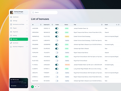 List of bonuses in the aggregator for iGaming industry • Table clean design dashboard data design igaming information list sheet site spreadsheet table ui