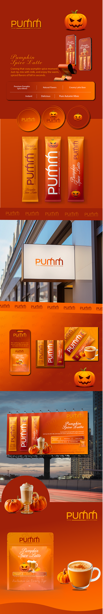 pumm- pumpkin spice latte powder advertising branding design graphic design logo media packaging social