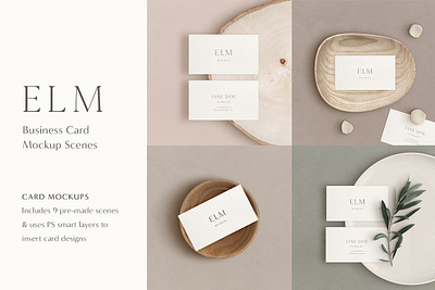 Elm Business Card Mockup Kit blank bowl brand branding business card business card mock up business card mockup card ceramic clean elm business card mockup kit minimal minimalist paper photoshop plate scene creator stationery tray wood