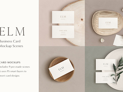 Elm Business Card Mockup Kit blank bowl brand branding business card business card mock up business card mockup card ceramic clean elm business card mockup kit minimal minimalist paper photoshop plate scene creator stationery tray wood