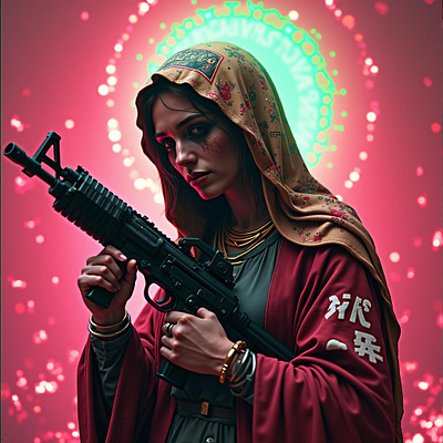 Mater Dolorosa 2.0. ak47 concept art cyberpunk digital art futuristic glitchart gun illustration neon portrait warrior woman