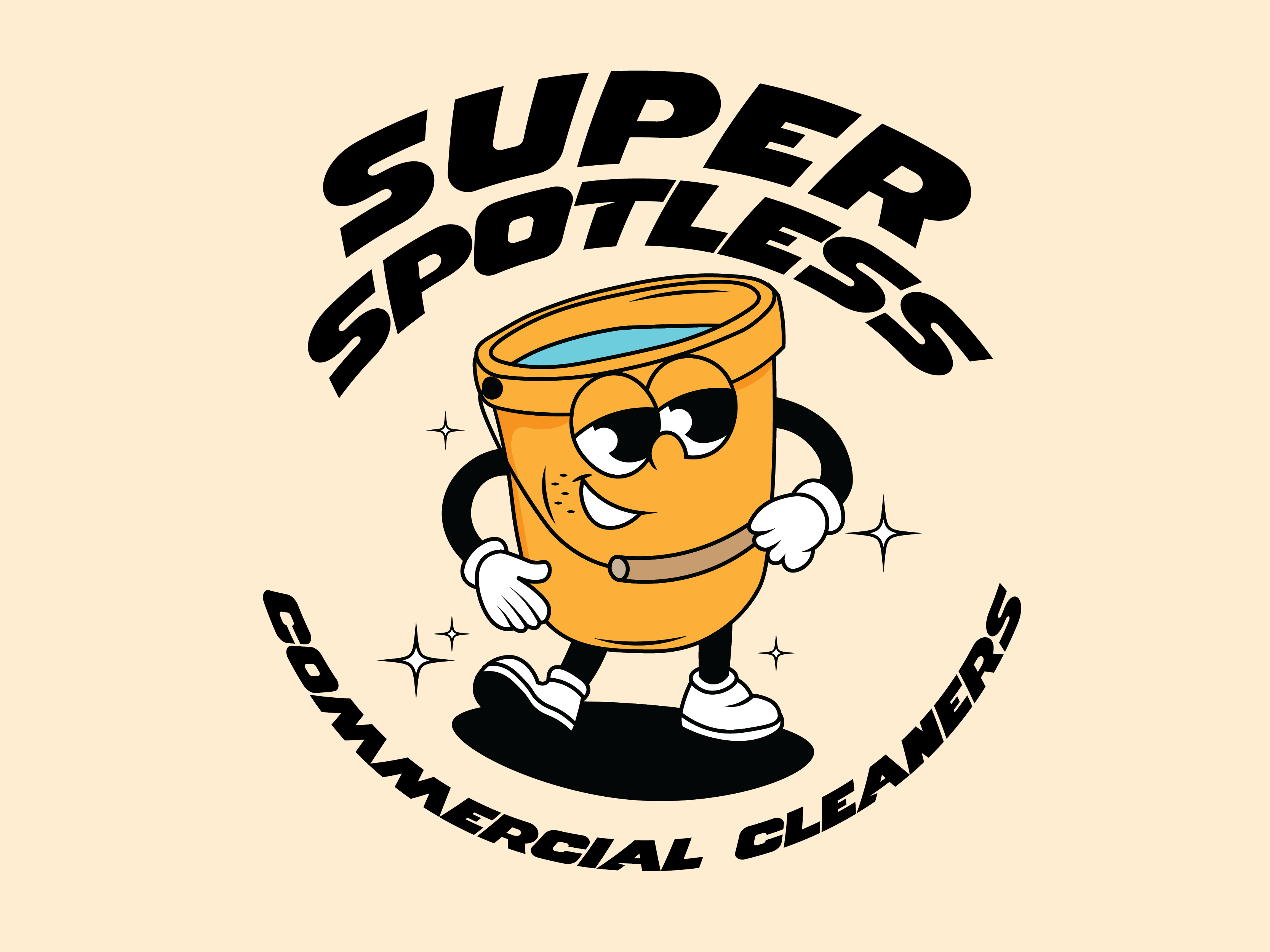 Super Spotless Cleaning Service Bucket Cartoon Character Mascot brand design branding bucket cartoon character character design clean cleaner cleaning cute fun funny logo maid mascot mop playful visual identity water
