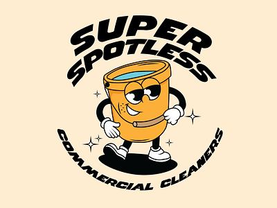 Super Spotless Cleaning Service Bucket Cartoon Character Mascot brand design branding bucket cartoon character character design clean cleaner cleaning cute fun funny logo maid mascot mop playful visual identity water