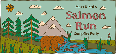 Salmon Run Campfire Party - Custom Event Branding branding custom illustration custom party drawing event branding fatbear illustration nature party illustration salmon run unique event branding