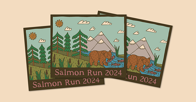 Salmon Run Event Branding - Custom Takeaway Stickers bespoke illustrations custom event custom merch custom sticker event branding hand drawn party illustrations sticker design