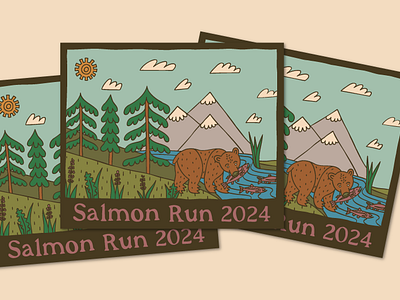 Salmon Run Event Branding - Custom Takeaway Stickers bespoke illustrations custom event custom merch custom sticker event branding hand drawn party illustrations sticker design