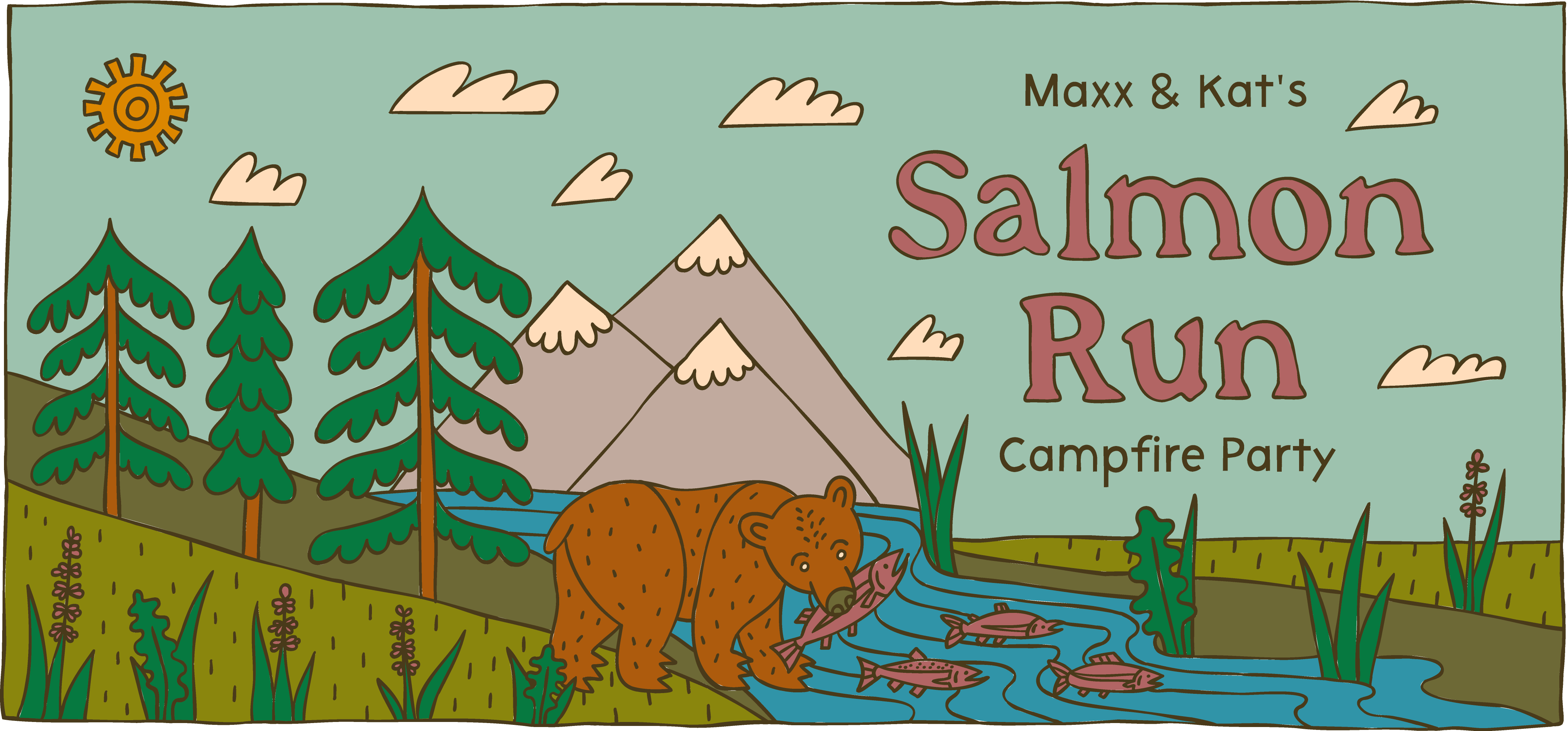 Salmon Run Campfire Party bespoke illustrations custom event custom merch custom sticker event branding hand drawn party illustrations sticker design
