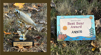 Salmon Run Event Branding - First Place Winner Trophy and Cert bear illustration custom awards custom competition hand drawn illustrations salmon run salmon trophy