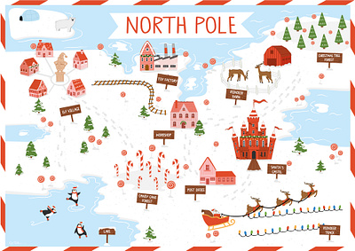 North Pole Map Illustration – A Whimsical Christmas Journey airbnb map book illustration cartoon map children illustration christmas christmas illustration christmas map elf village fairy tail map fantasy map holiday map holiday print ice skating illustrated map illustration map north pole north pole map santa claus travel map