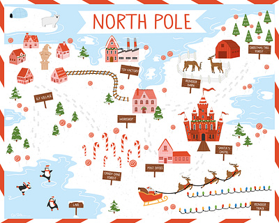 North Pole Map Illustration – A Whimsical Christmas Journey airbnb map book illustration cartoon map children illustration christmas christmas illustration christmas map elf village fairy tail map fantasy map holiday map holiday print ice skating illustrated map illustration map north pole north pole map santa claus travel map