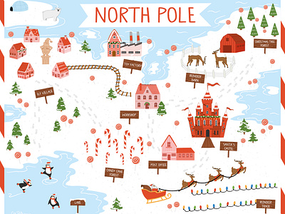 North Pole Map Illustration – A Whimsical Christmas Journey airbnb map book illustration cartoon map children illustration christmas christmas illustration christmas map elf village fairy tail map fantasy map holiday map holiday print ice skating illustrated map illustration map north pole north pole map santa claus travel map