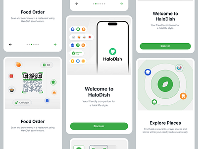 Onboarding HaloDish Apps appdesign appwalkthrough clean clean ui design graphic design green illustration interactiondesign logo mobileappdesign mobiledesign muslim muslimapp onboarding onboardingscreen userinterface useronboarding uxdesign