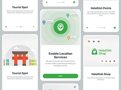 Onboarding HaloDish Apps branding clean clean ui cleandesign design food graphic design green halal illustration logo map mobile muslim muslimapp onboarding shop ui uiux walkthorugh