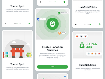 Onboarding HaloDish Apps branding clean clean ui cleandesign design food graphic design green halal illustration logo map mobile muslim muslimapp onboarding shop ui uiux walkthorugh